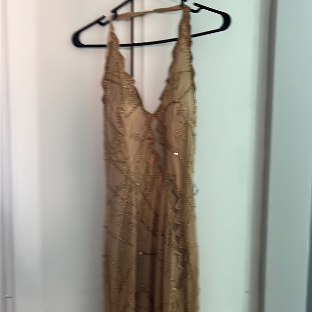 Glamorous tan gold evening dress